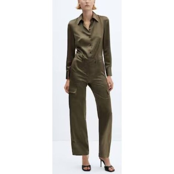 MNG Mango One Piece Suite Kate Size XS Jumpsuit Olive Green Cargo $139 NWT - Picture 1 of 16